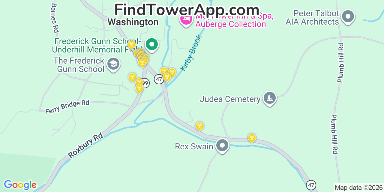 Map showing the 20 primary cell tower locations detected in Washington, Connecticut from AT&T, Verizon, and T-Mobile networks