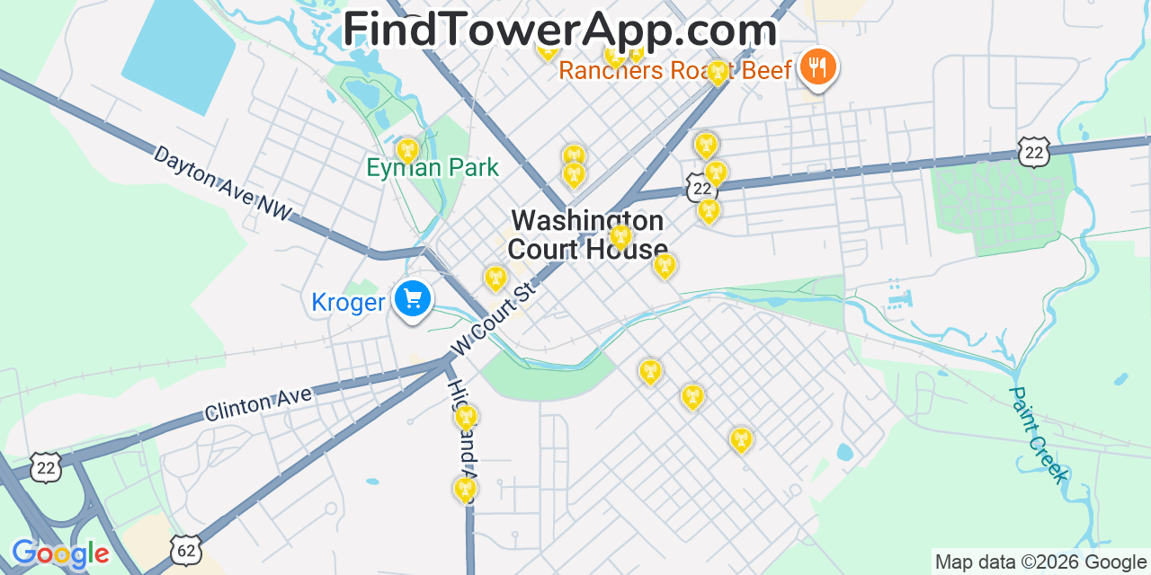Map showing the 20 primary cell tower locations detected in Washington Court House, Ohio from AT&T, Verizon, and T-Mobile networks