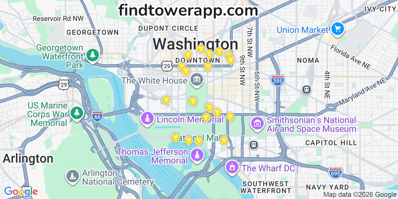 Map showing the 20 primary AT&T cell tower locations detected in Washington, District Of Columbia with coverage radius and signal strength indicators