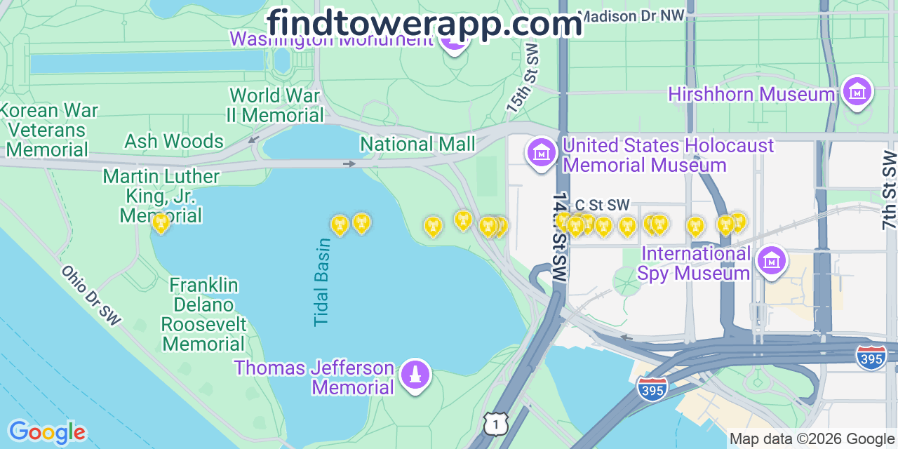 Map showing the 20 primary cell tower locations detected in Washington, District Of Columbia from AT&T, Verizon, and T-Mobile networks