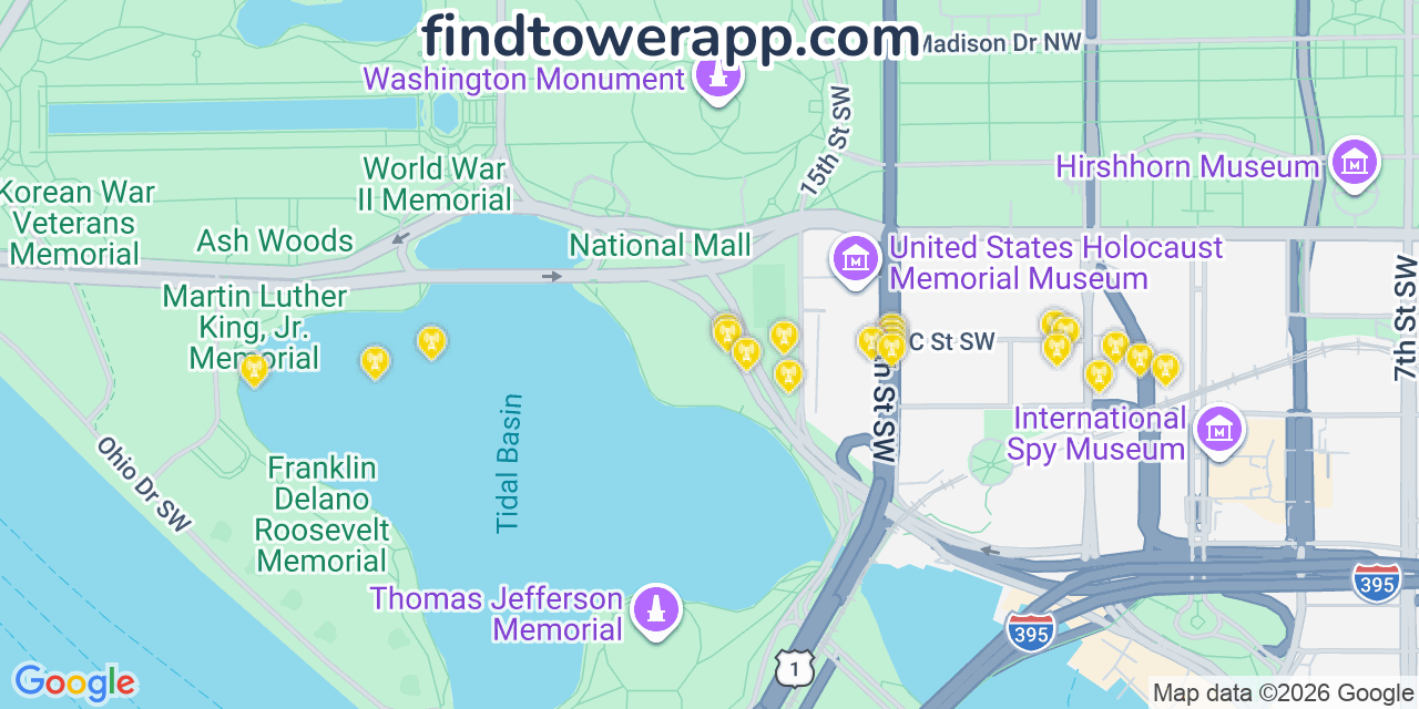 Map showing the 20 primary T-Mobile cell tower locations detected in Washington, District Of Columbia with coverage radius and signal strength indicators
