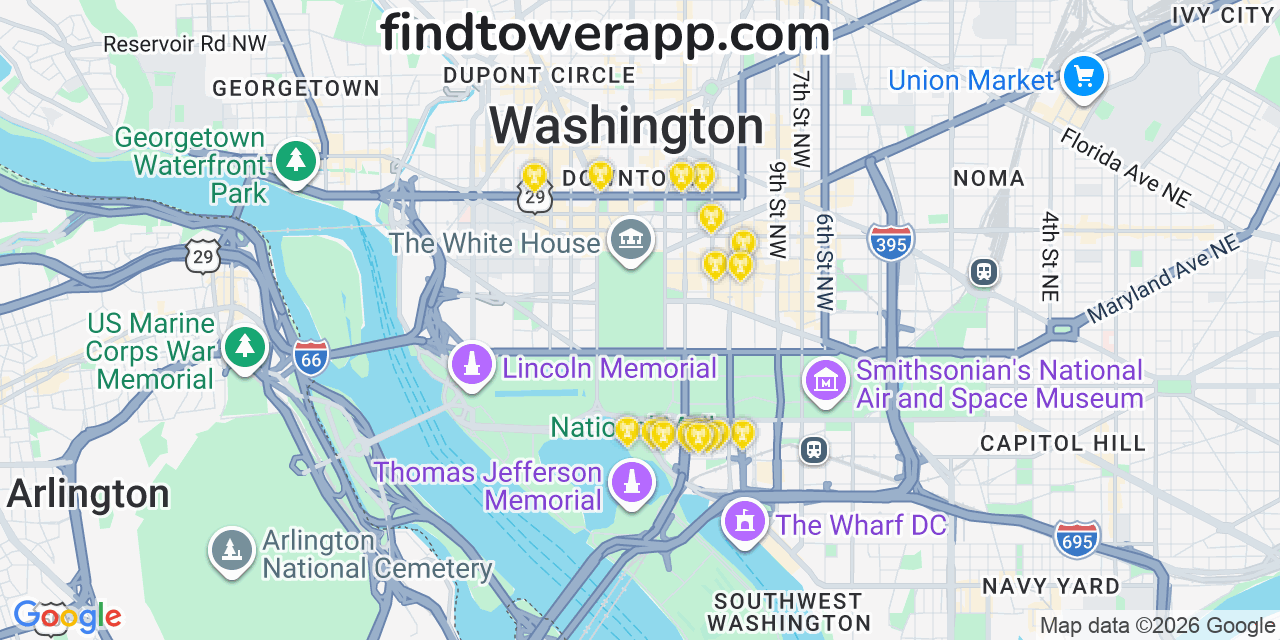 Map showing the 20 primary Verizon cell tower locations detected in Washington, District Of Columbia with coverage radius and signal strength indicators