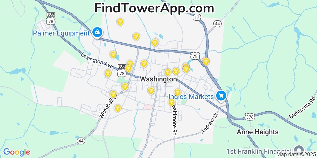 Map showing the 20 primary cell tower locations detected in Washington, Georgia from AT&T, Verizon, and T-Mobile networks