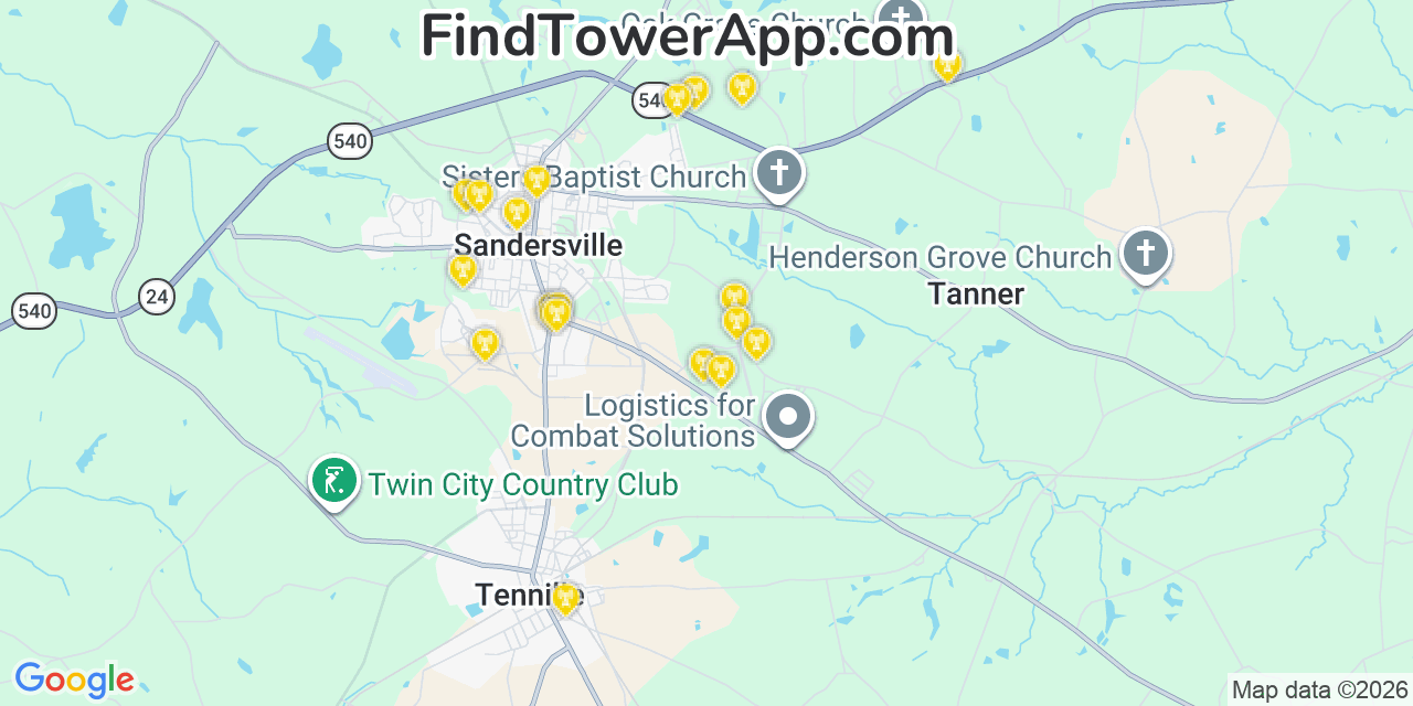 Map showing the 20 primary cell tower locations detected in Washington, Georgia from AT&T, Verizon, and T-Mobile networks