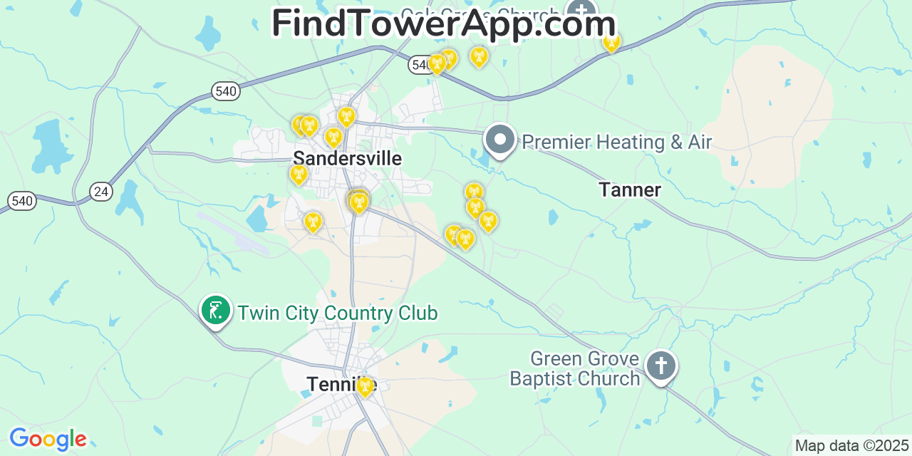 Map showing the 20 primary Mobitel cell tower locations detected in Washington, Georgia with coverage radius and signal strength indicators
