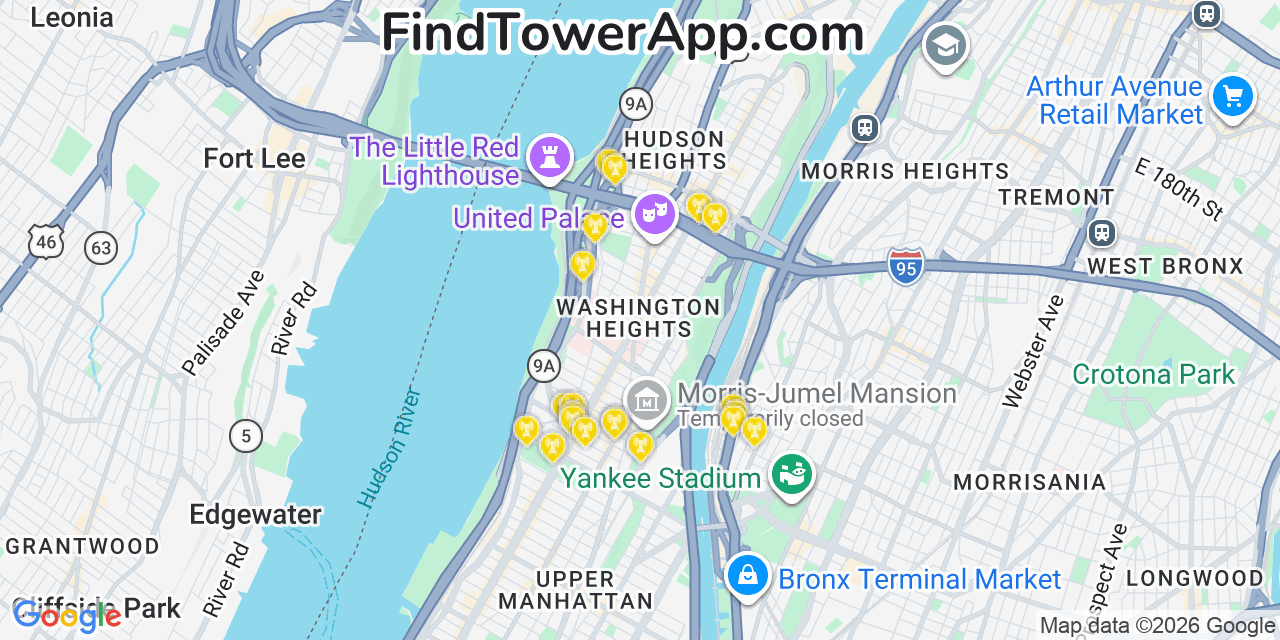 Map showing the 20 primary cell tower locations detected in Washington Heights, New York from AT&T, Verizon, and T-Mobile networks