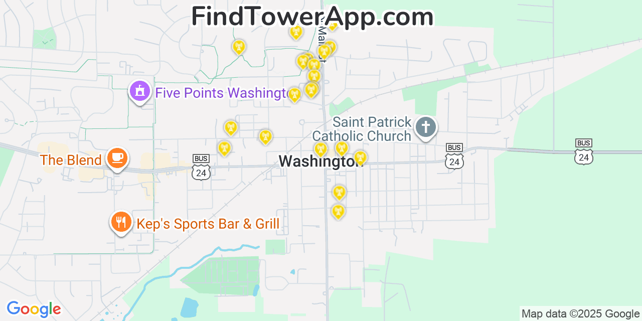 Map showing the 20 primary cell tower locations detected in Washington, Illinois from AT&T, Verizon, and T-Mobile networks