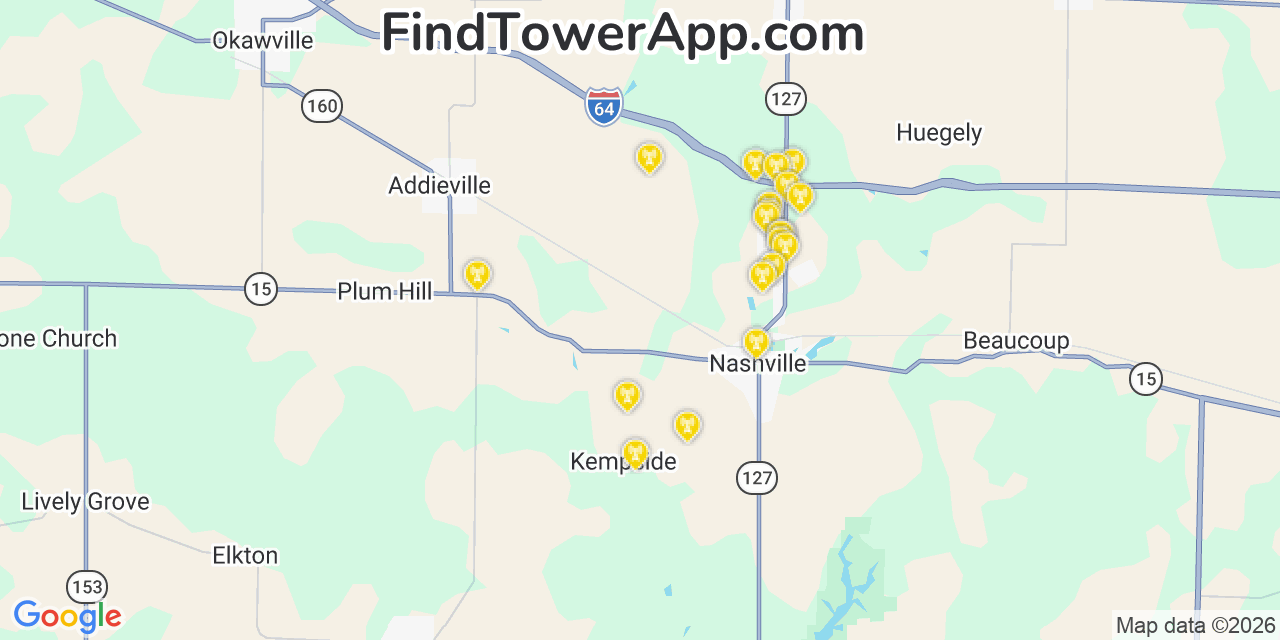 Map showing the 20 primary cell tower locations detected in Washington, Illinois from AT&T, Verizon, and T-Mobile networks