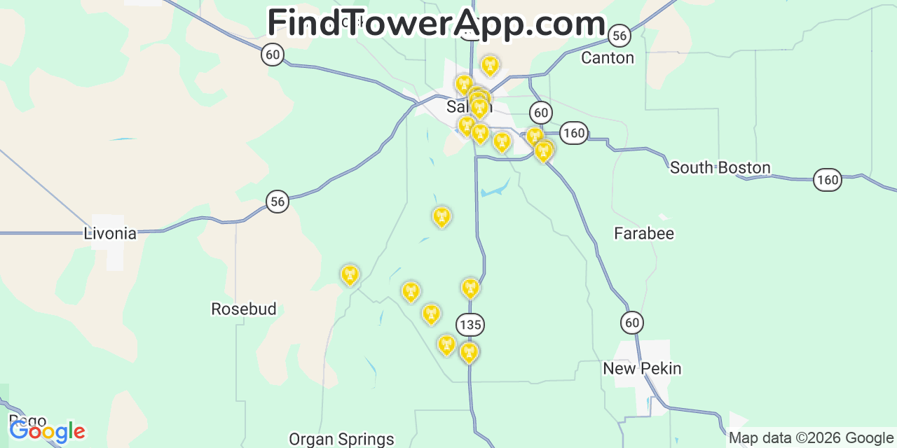 Map showing the 20 primary cell tower locations detected in Washington, Indiana from AT&T, Verizon, and T-Mobile networks