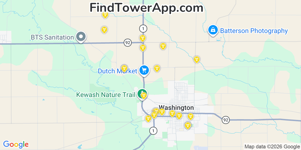 Map showing the 20 primary cell tower locations detected in Washington, Iowa from AT&T, Verizon, and T-Mobile networks