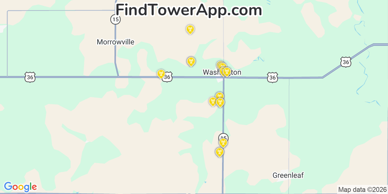 Map showing the 20 primary cell tower locations detected in Washington, Kansas from AT&T, Verizon, and T-Mobile networks