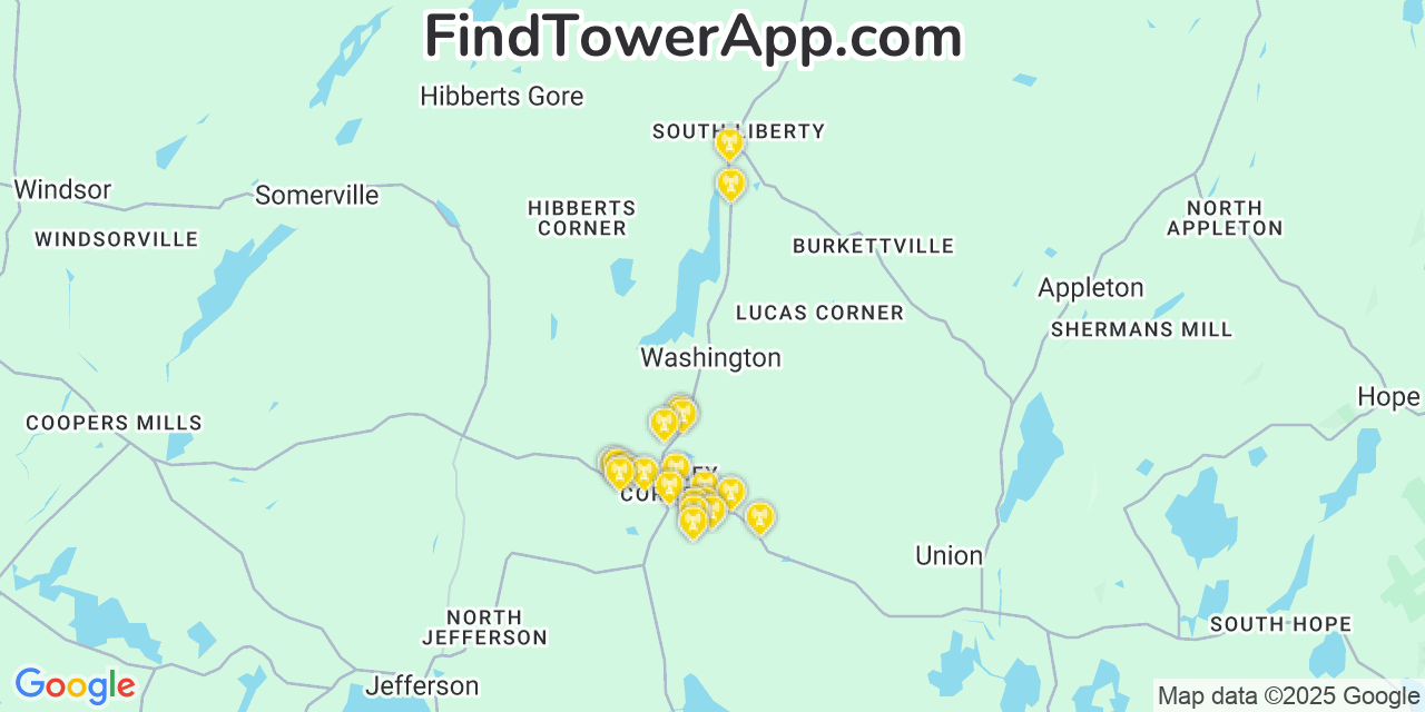 Map showing the 20 primary cell tower locations detected in Washington, Maine from AT&T, Verizon, and T-Mobile networks