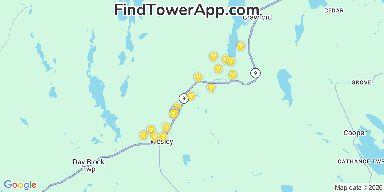 Map showing the 20 primary cell tower locations detected in Washington, Maine from AT&T, Verizon, and T-Mobile networks