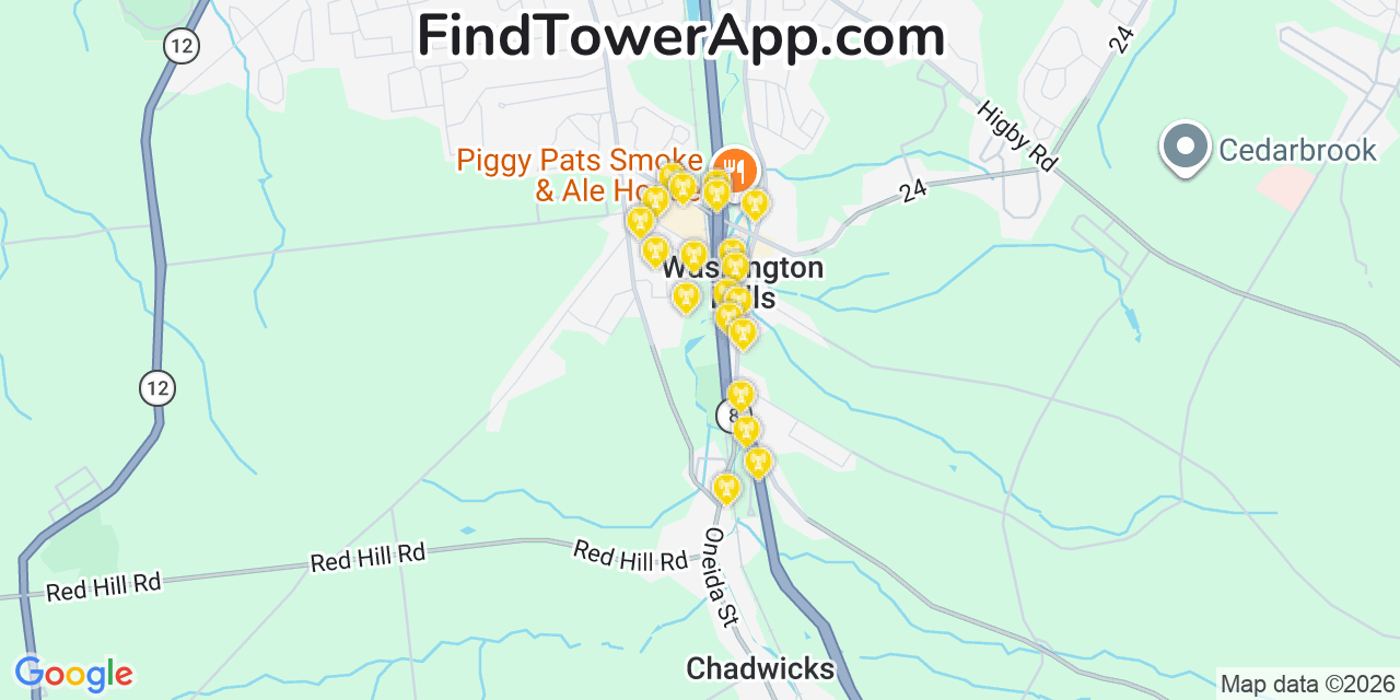 Map showing the 20 primary cell tower locations detected in Washington Mills, New York from AT&T, Verizon, and T-Mobile networks