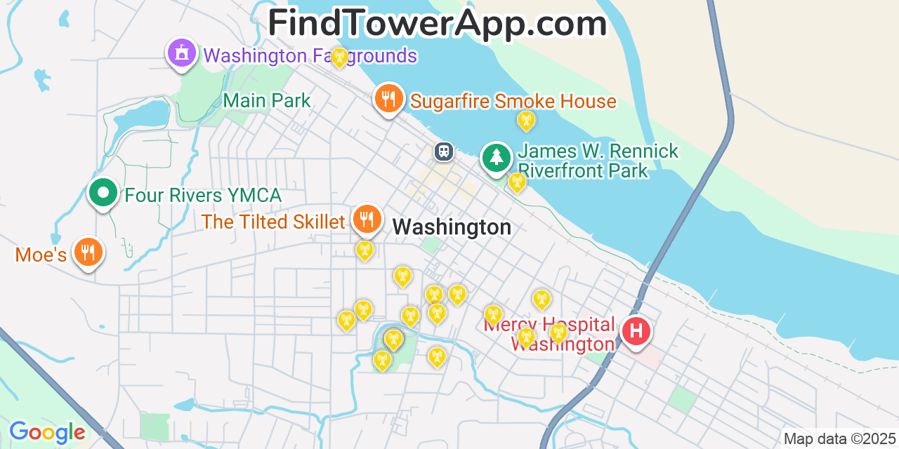 Map showing the 20 primary cell tower locations detected in Washington, Missouri from AT&T, Verizon, and T-Mobile networks
