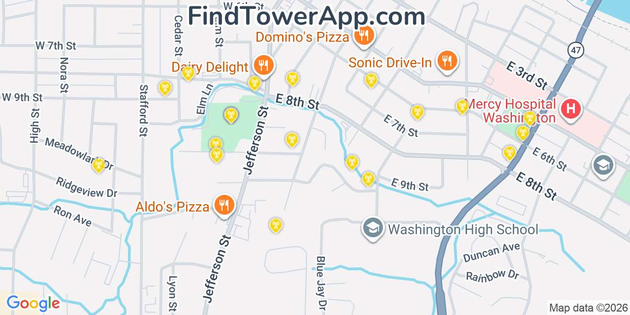Map showing the 20 primary cell tower locations detected in Washington, Missouri from AT&T, Verizon, and T-Mobile networks