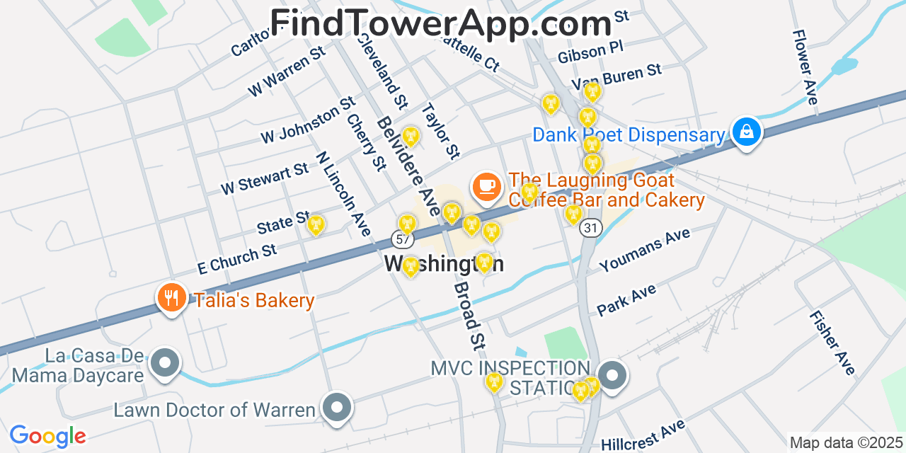 Map showing the 20 primary cell tower locations detected in Washington, New Jersey from AT&T, Verizon, and T-Mobile networks
