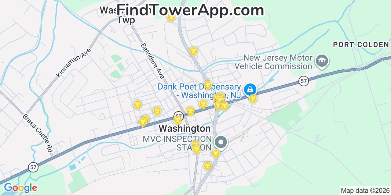 Map showing the 20 primary cell tower locations detected in Washington, New Jersey from AT&T, Verizon, and T-Mobile networks