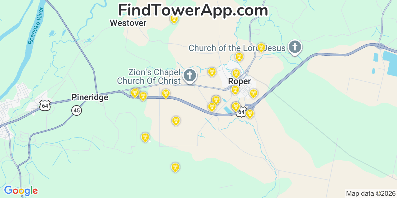 Map showing the 20 primary cell tower locations detected in Washington, North Carolina from AT&T, Verizon, and T-Mobile networks