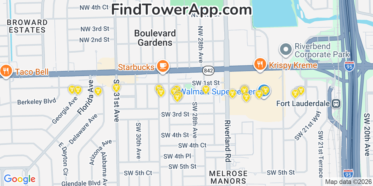 Map showing the 20 primary cell tower locations detected in Washington Park, Florida from AT&T, Verizon, and T-Mobile networks