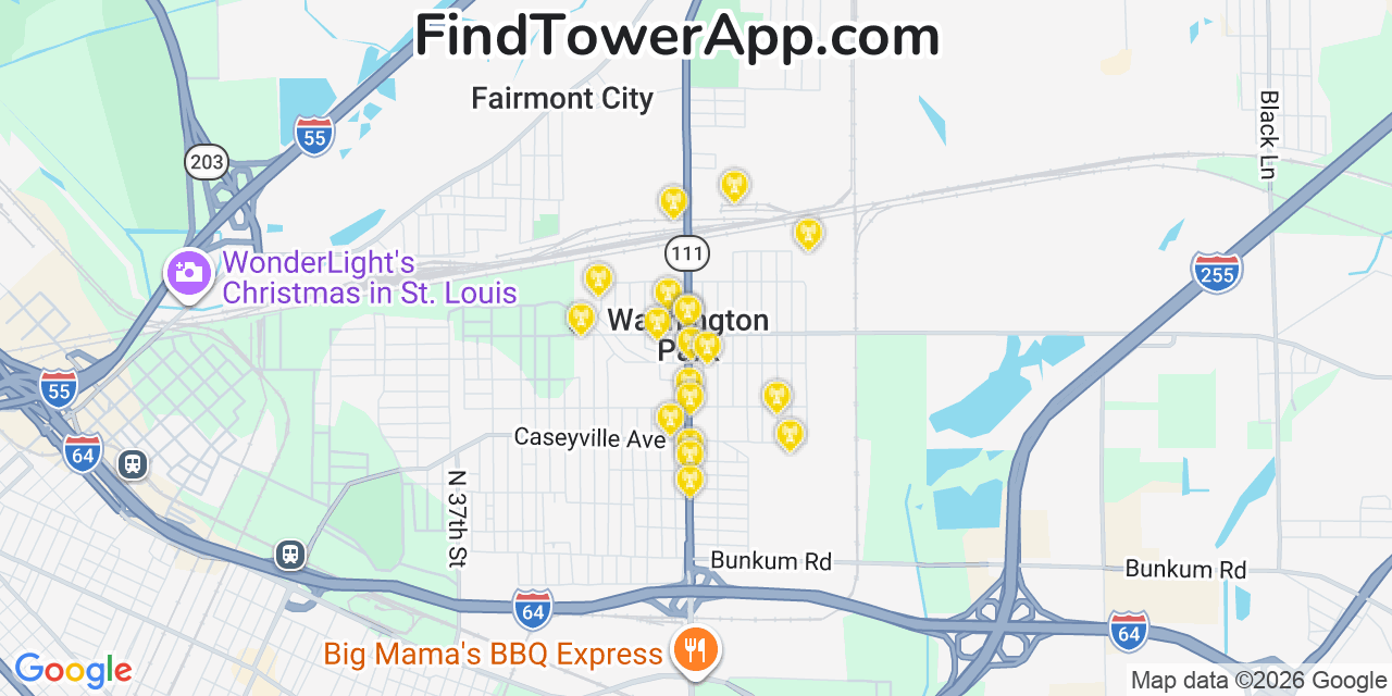 Map showing the 20 primary cell tower locations detected in Washington Park, Illinois from AT&T, Verizon, and T-Mobile networks