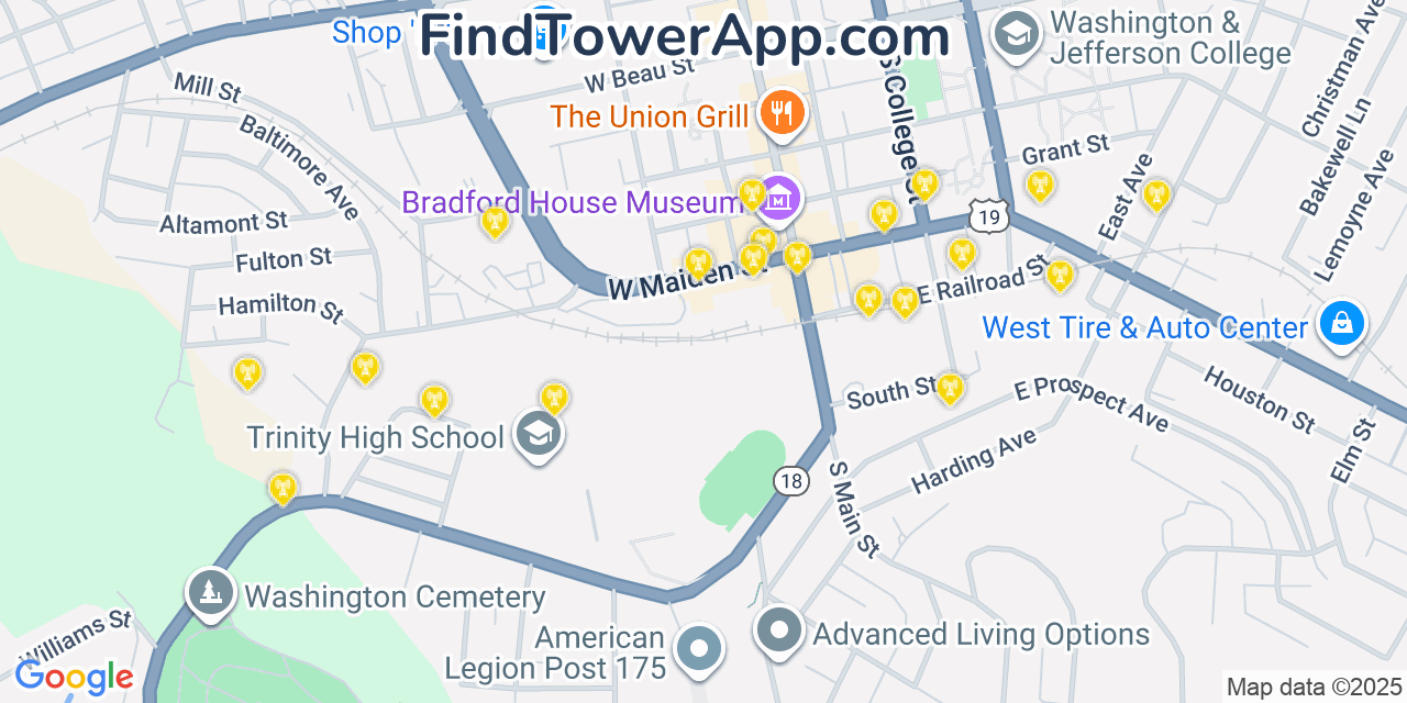 Map showing the 20 primary cell tower locations detected in Washington, Pennsylvania from AT&T, Verizon, and T-Mobile networks