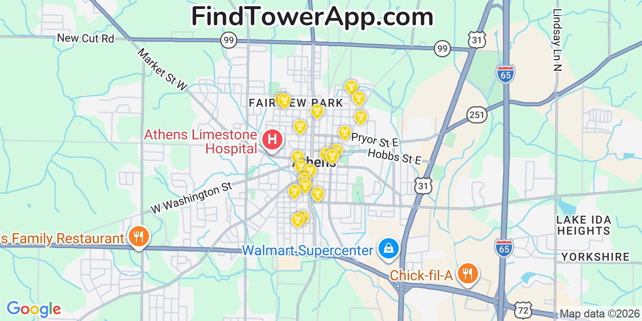 Map showing the 20 primary cell tower locations detected in Washington Street Courthouse Annex, Alabama from AT&T, Verizon, and T-Mobile networks