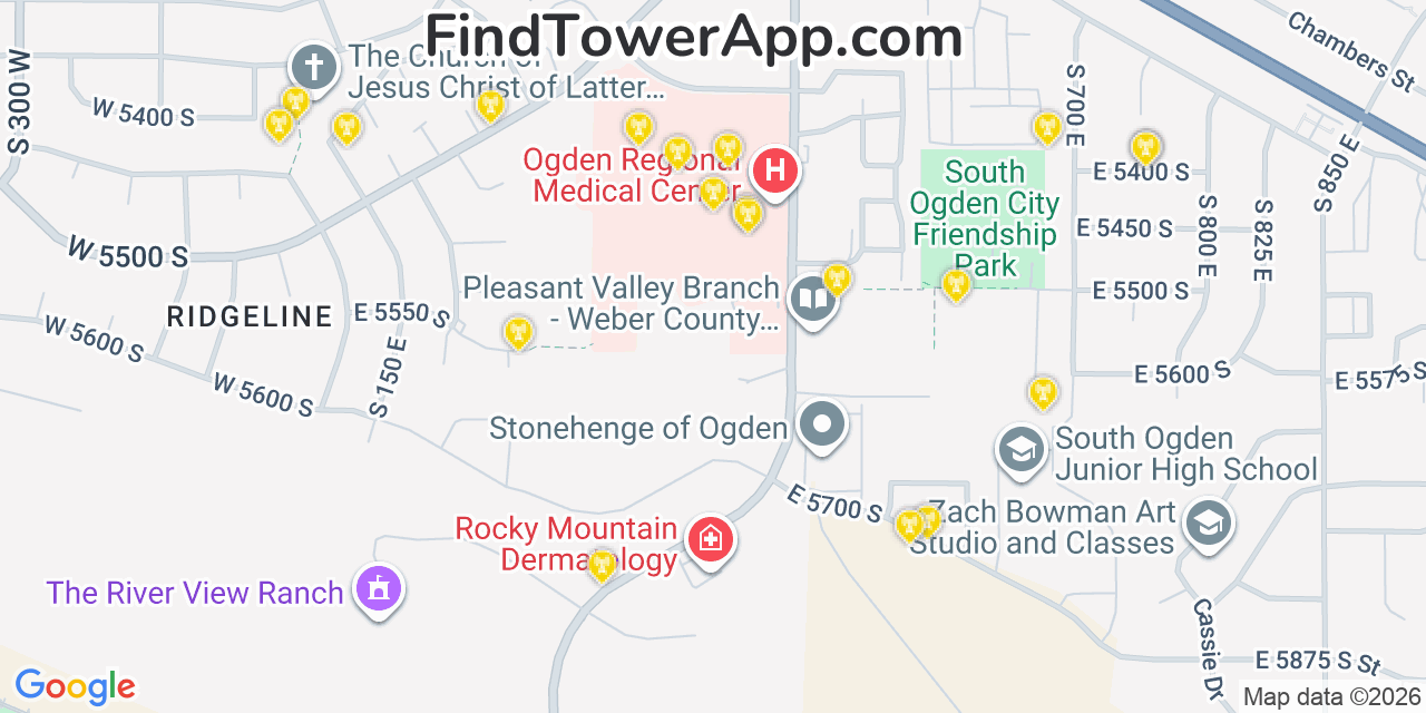 Map showing the 20 primary cell tower locations detected in Washington Terrace, Utah from AT&T, Verizon, and T-Mobile networks