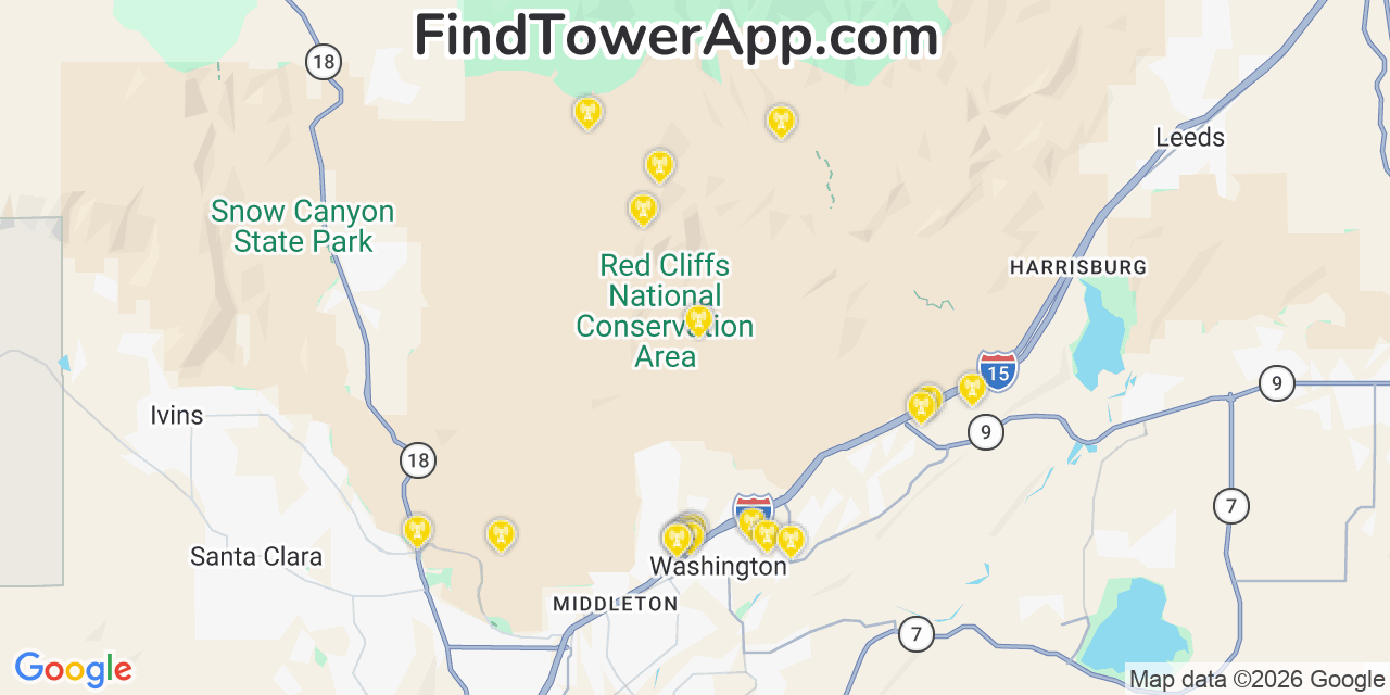 Map showing the 20 primary cell tower locations detected in Washington, Utah from AT&T, Verizon, and T-Mobile networks