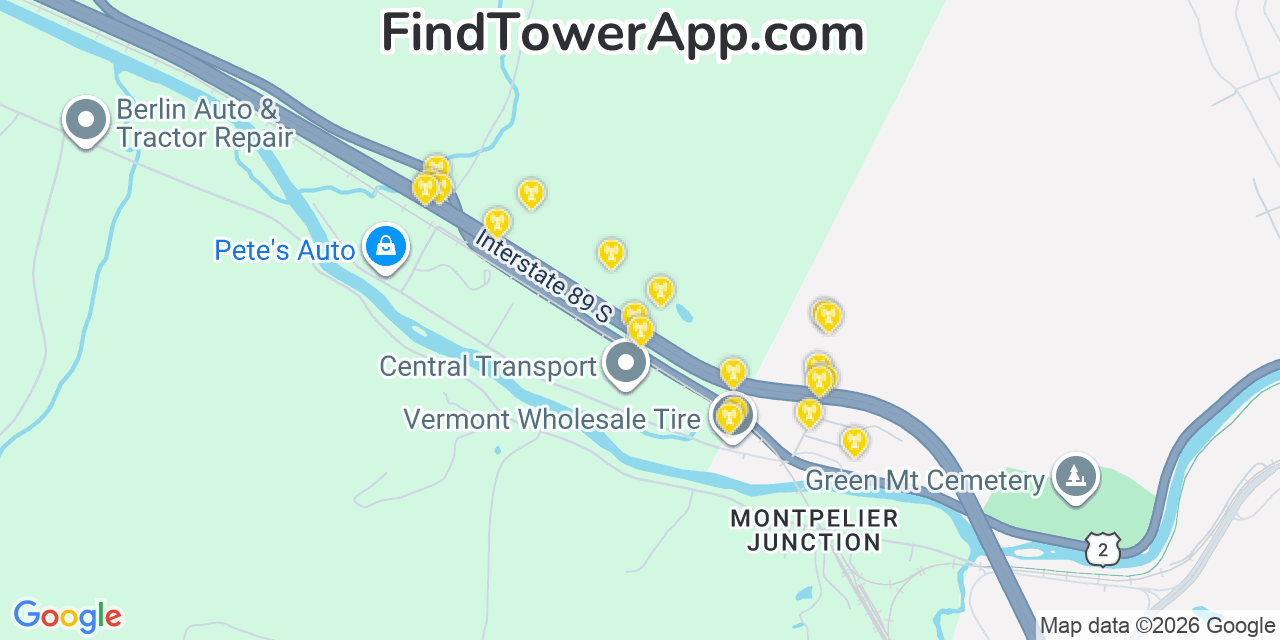 Map showing the 20 primary cell tower locations detected in Washington, Vermont from AT&T, Verizon, and T-Mobile networks