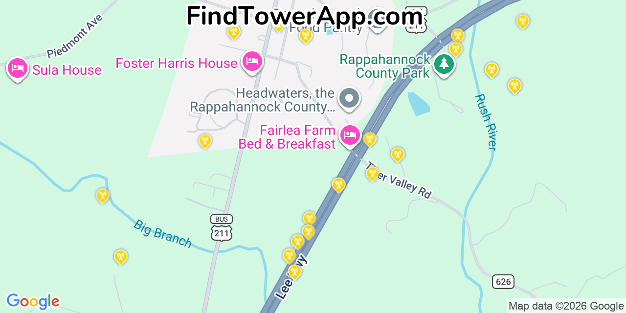 Map showing the 20 primary cell tower locations detected in Washington, Virginia from AT&T, Verizon, and T-Mobile networks