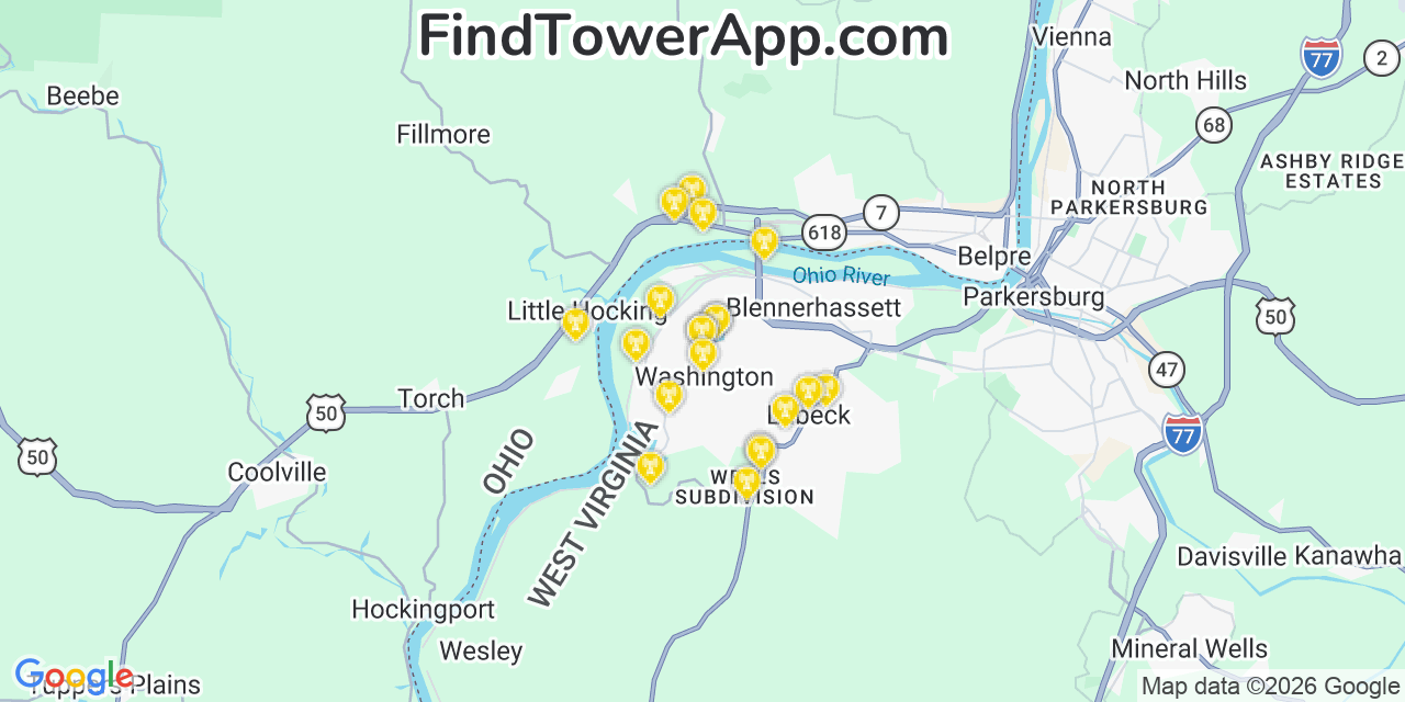 Map showing the 20 primary cell tower locations detected in Washington, West Virginia from AT&T, Verizon, and T-Mobile networks