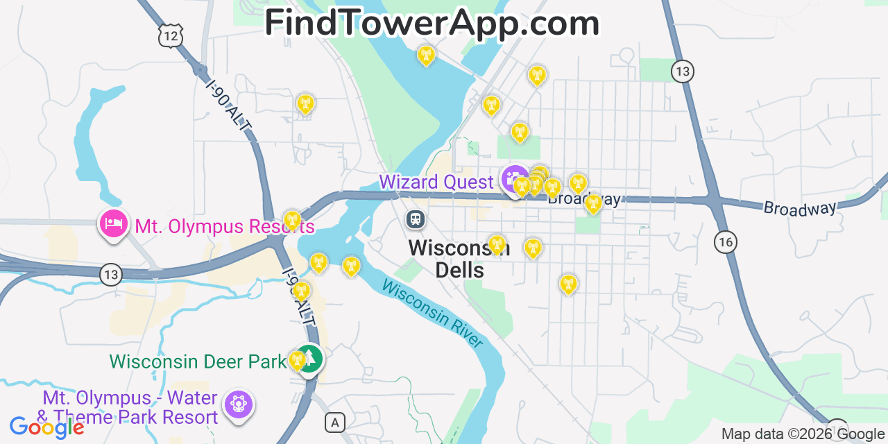 Map showing the 20 primary AT&T cell tower locations detected in Washingtonisland, Wisconsin with coverage radius and signal strength indicators