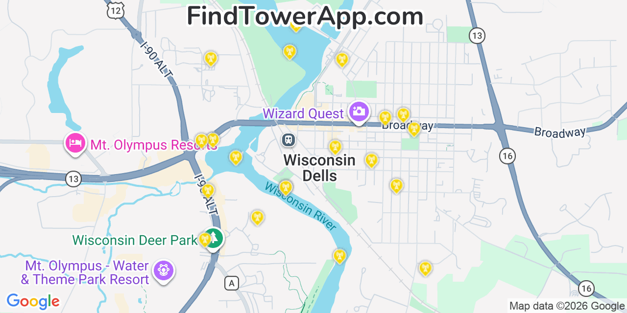 Map showing the 20 primary cell tower locations detected in Washingtonisland, Wisconsin from AT&T, Verizon, and T-Mobile networks