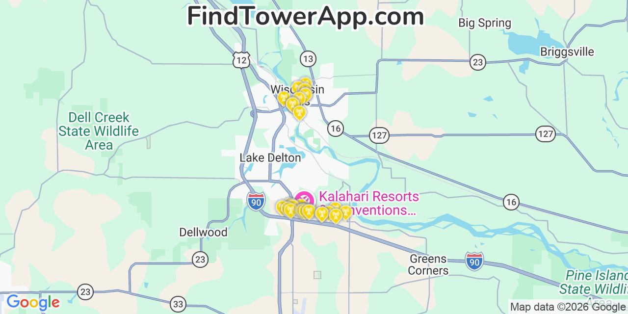 Map showing the 30 primary T-Mobile cell tower locations detected in Washingtonisland, Wisconsin with coverage radius and signal strength indicators