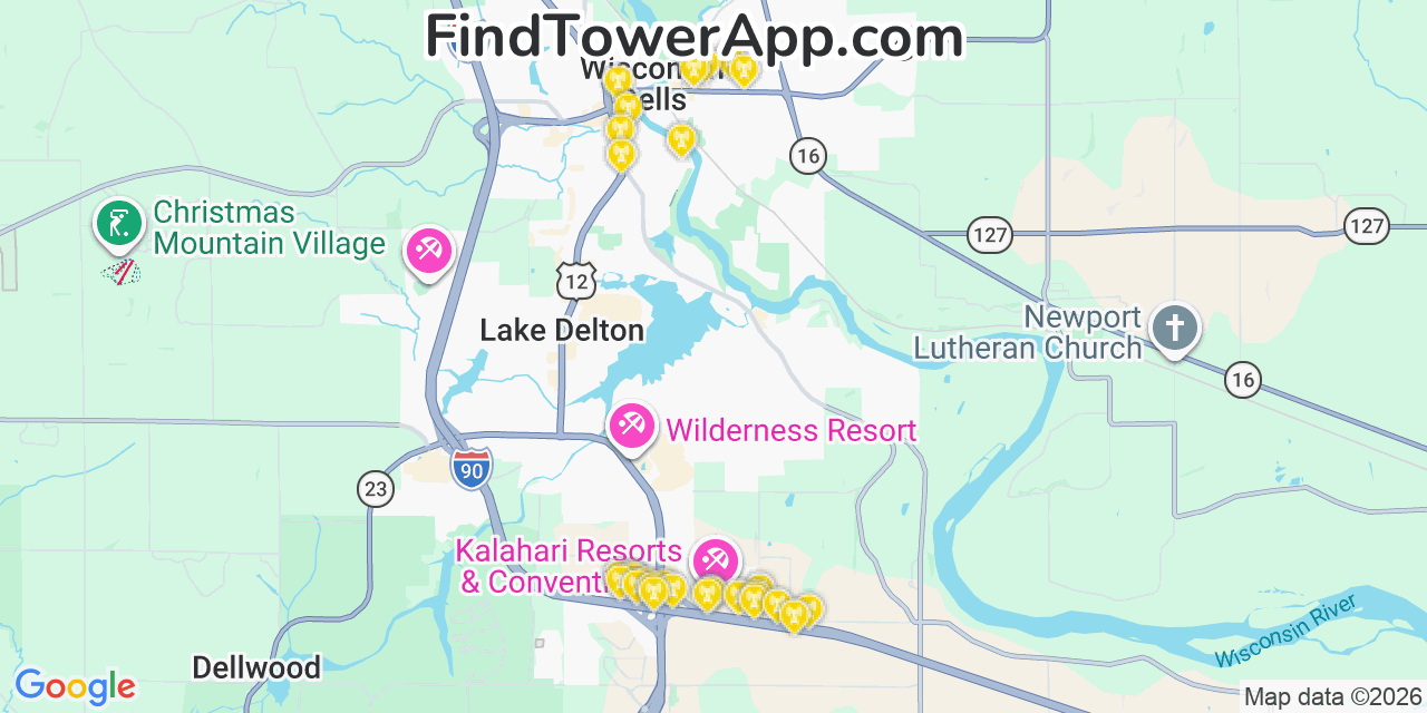 Map showing the 30 primary Verizon cell tower locations detected in Washingtonisland, Wisconsin with coverage radius and signal strength indicators
