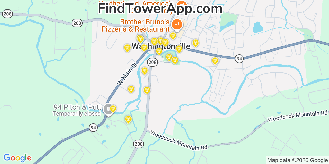 Map showing the 20 primary cell tower locations detected in Washingtonville, New York from AT&T, Verizon, and T-Mobile networks