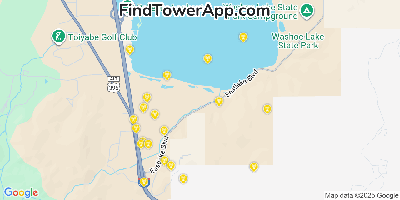 Map showing the 20 primary cell tower locations detected in Washoe Valley, Nevada from AT&T, Verizon, and T-Mobile networks