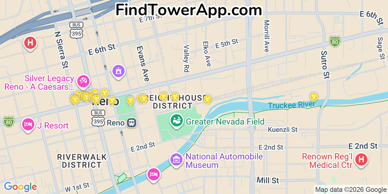 Map showing the 20 primary cell tower locations detected in Washoe Valley, Nevada from AT&T, Verizon, and T-Mobile networks
