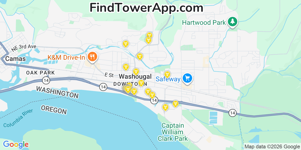 Map showing the 20 primary cell tower locations detected in Washougal, Washington from AT&T, Verizon, and T-Mobile networks