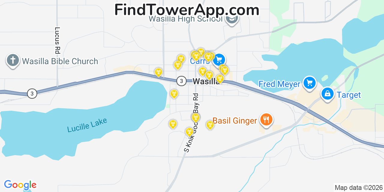 Map showing the 20 primary cell tower locations detected in Wasilla, Alaska from AT&T, Verizon, and T-Mobile networks