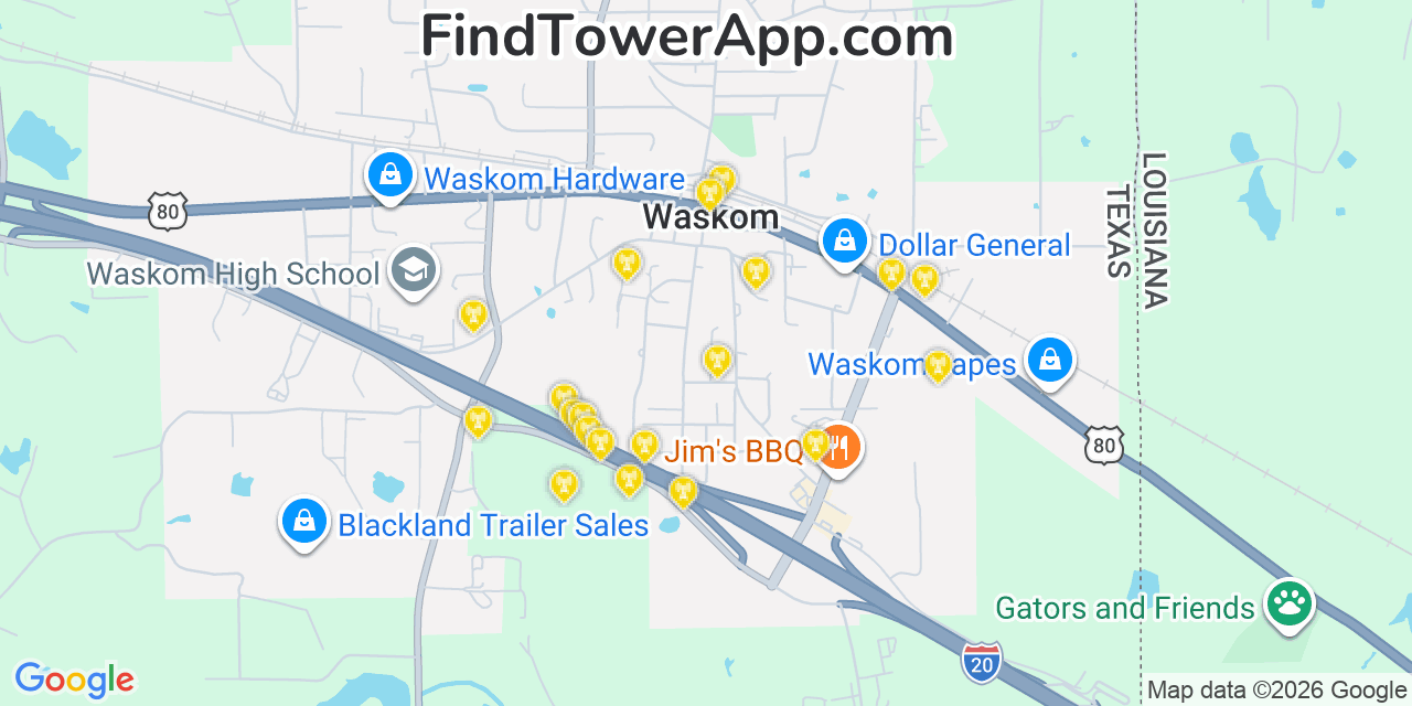 Map showing the 20 primary cell tower locations detected in Waskom, Texas from AT&T, Verizon, and T-Mobile networks