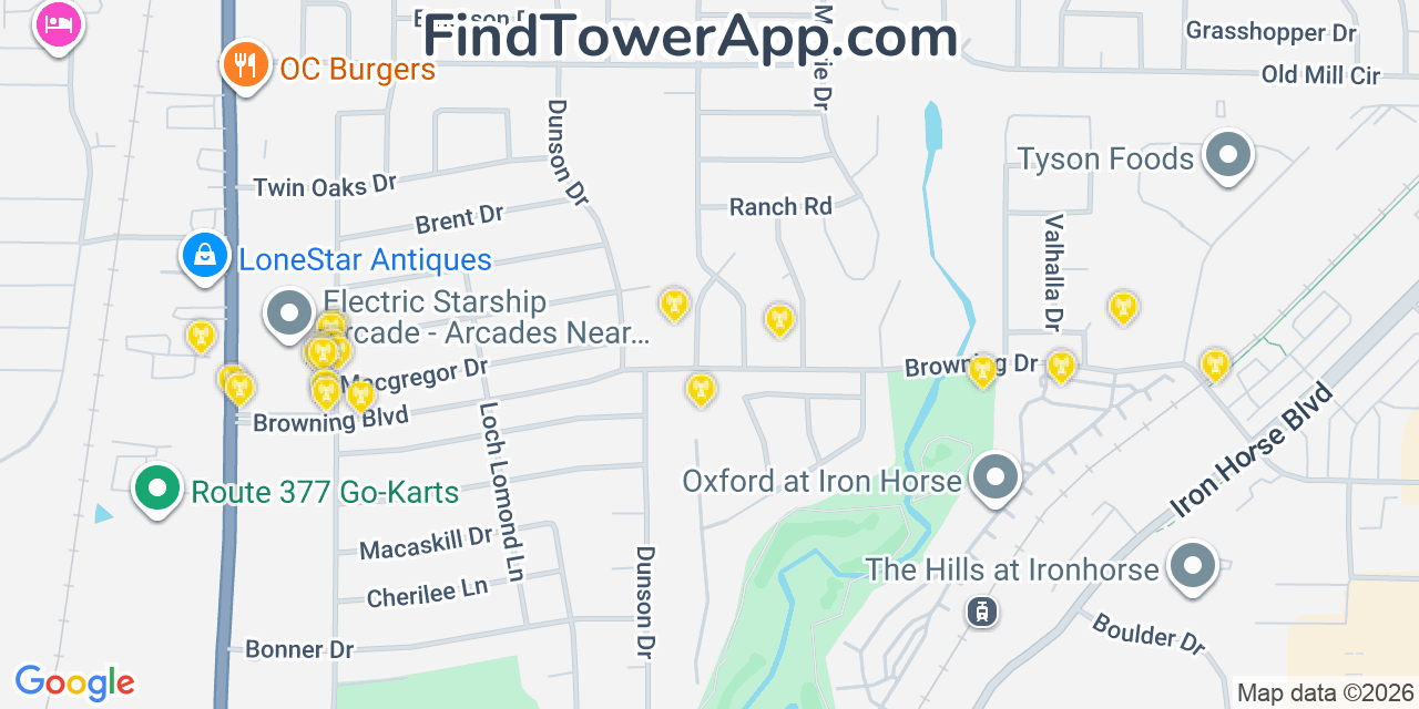 Map showing the 20 primary cell tower locations detected in Watauga, Texas from AT&T, Verizon, and T-Mobile networks