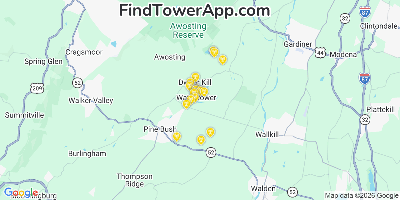 Map showing the 20 primary cell tower locations detected in Watchtower, New York from AT&T, Verizon, and T-Mobile networks