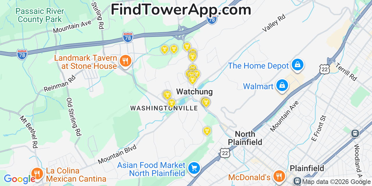 Map showing the 20 primary cell tower locations detected in Watchung, New Jersey from AT&T, Verizon, and T-Mobile networks