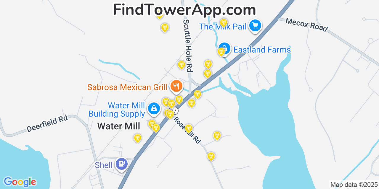 Map showing the 20 primary cell tower locations detected in Water Mill, New York from AT&T, Verizon, and T-Mobile networks