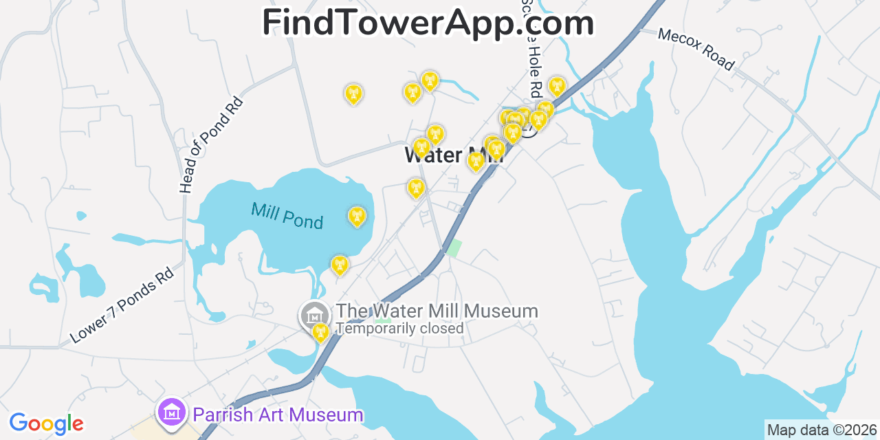 Map showing the 20 primary cell tower locations detected in Water Mill, New York from AT&T, Verizon, and T-Mobile networks