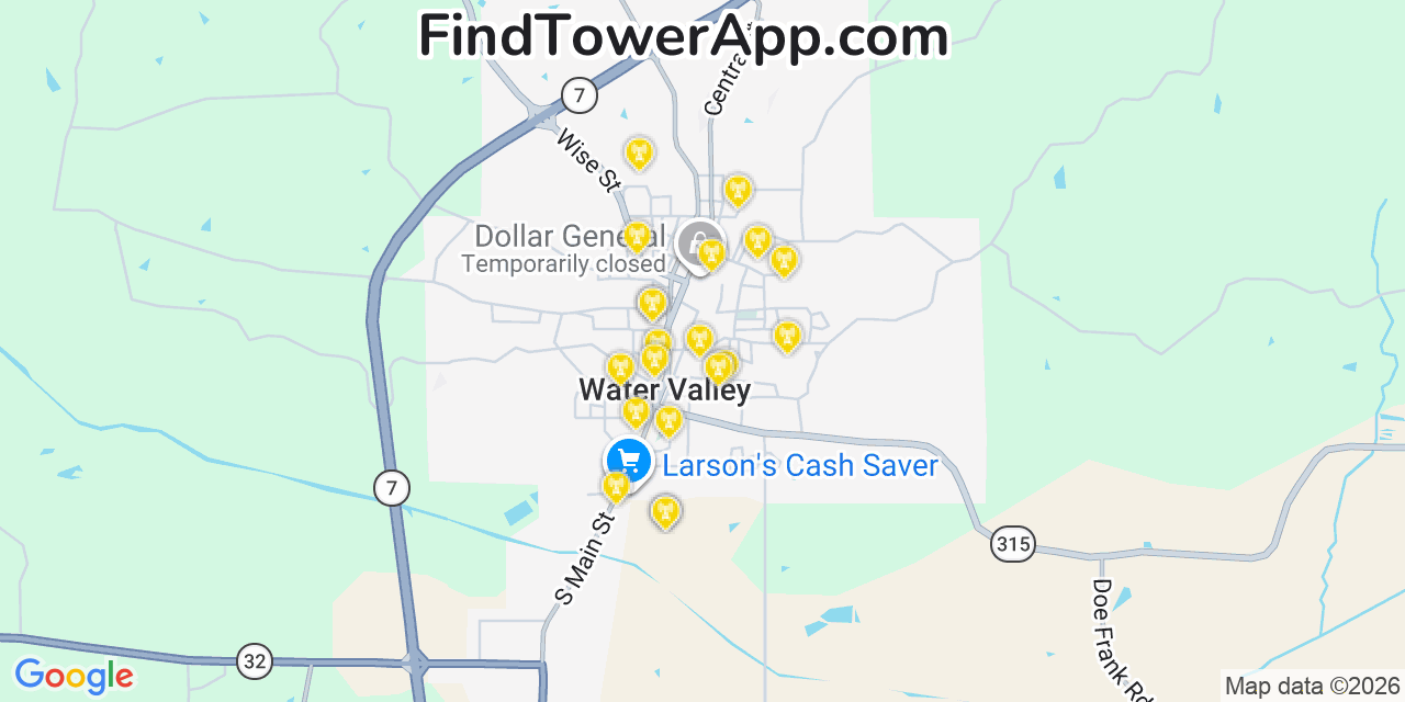 Map showing the 20 primary cell tower locations detected in Water Valley, Mississippi from AT&T, Verizon, and T-Mobile networks