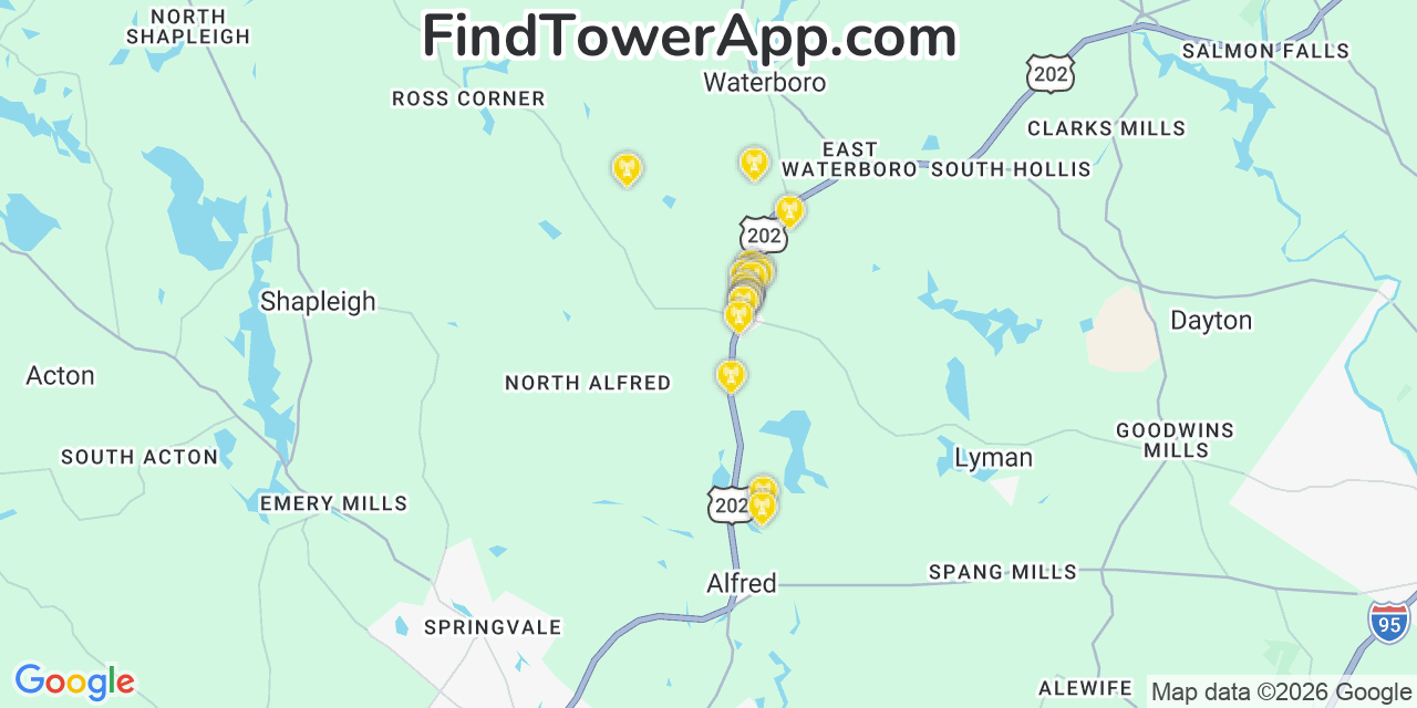 Map showing the 20 primary cell tower locations detected in Waterboro, Maine from AT&T, Verizon, and T-Mobile networks