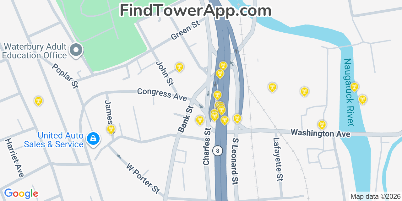Map showing the 20 primary cell tower locations detected in Waterbury, Connecticut from AT&T, Verizon, and T-Mobile networks